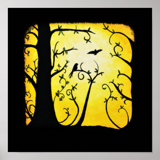 Poster Arbre tourbillon jaune d'été avec oiseaux