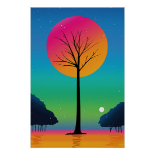 Poster Arbre vif sous un ciel arc-en-ciel cosmique