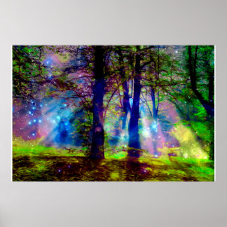 Poster Arbres arc-en-ciel colorés Forêt enchantée