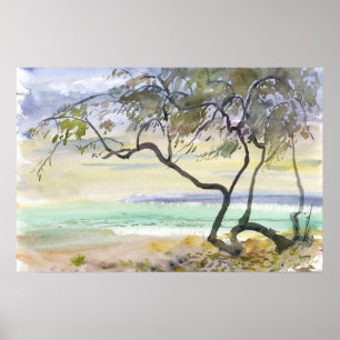Poster Arbres côtiers et mer turquoise aquarelle