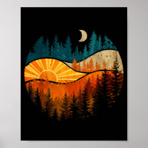 Poster Arbres de forêt vintage coucher de soleil lune ext