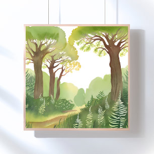 Poster Arbres de la forêt verte Aquarelle Naturelle Bel