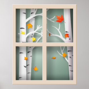 Poster Arbres en peuplier dans la fenêtre d'automne