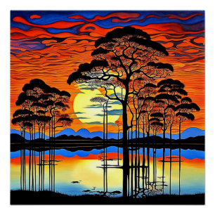 Poster Arbres en silhouette au coucher du soleil 1