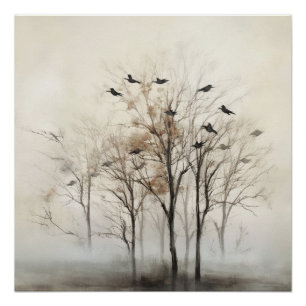 Poster Arbres et Oiseaux Toile Abstraite Mur Art