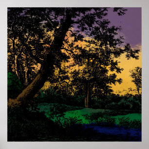Poster Arbres par étang au coucher du soleil