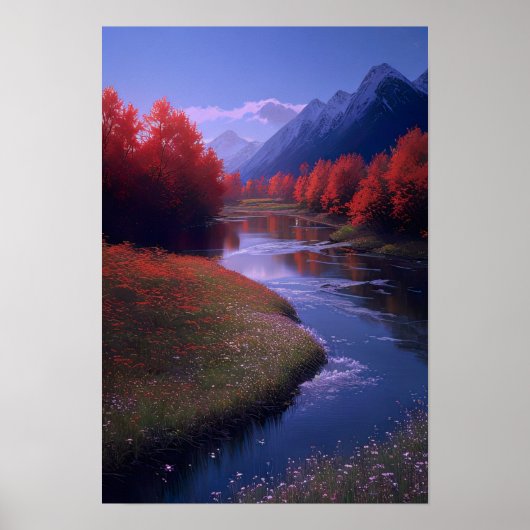 Poster Arbres rouges et fleurs au bord de la rivière (Devant)