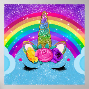 Poster Arc-en-ciel Paillettes Licorne Corne Visage Fête