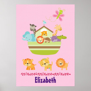 Poster Arche Animaux Mignons sur Fond Rose à Points Nurse