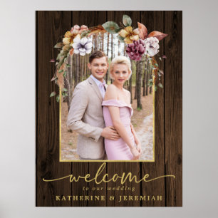 Poster Arche de mariage florale en bois rustique de bienv