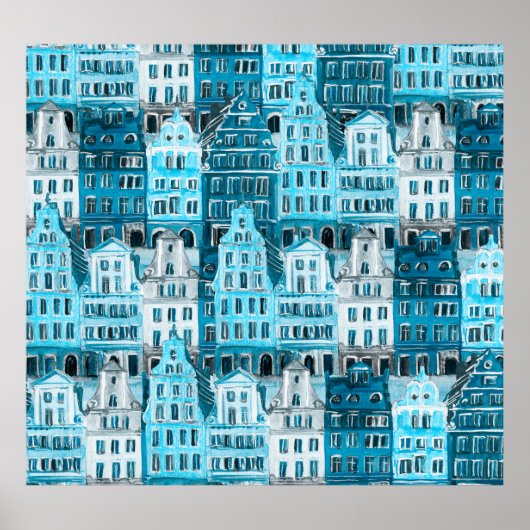 Poster Architecture d'Amsterdam, aquarelle bleue. (Devant)