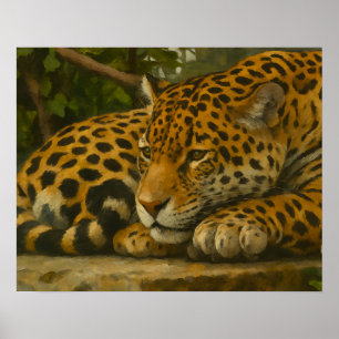 Poster Ardoise dorée - Leopard reposant en feuillage