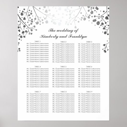 Poster Argent Bébé's Breath White Mariage Seating Chart (Devant)