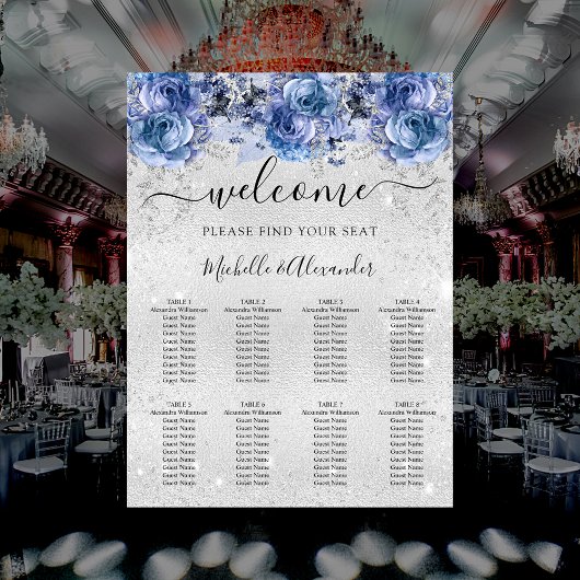 Poster Argent bleu fleurs mariage