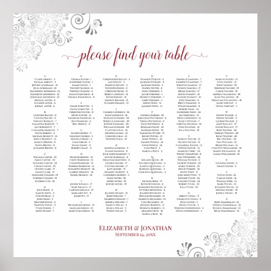 Poster Argent Dentelle Rouge Script de siège alphabétique (Devant)