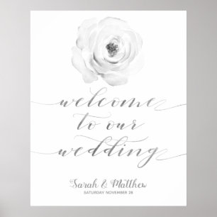 Poster Argent Floral Blanc Noir Bienvenue À Notre Mariage