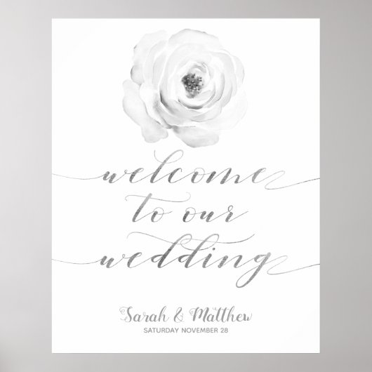 Poster Argent Floral Blanc Noir Bienvenue À Notre Mariage (Devant)