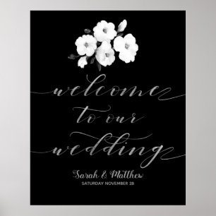 Poster Argent Floral Blanc Noir Bienvenue À Notre Mariage