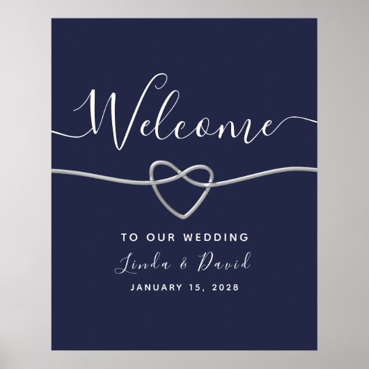 Poster Argent moderne et Mariage bleu marine Bienvenue (Devant)