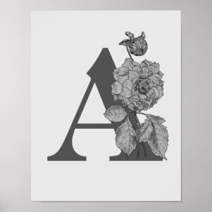 Poster Argent Peony Élégant Monogramme Initiale A