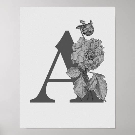 Poster Argent Peony Élégant Monogramme Initiale A (Devant)