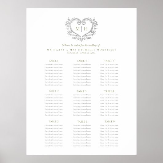 Poster Argent vert couronne mariage assise (Devant)