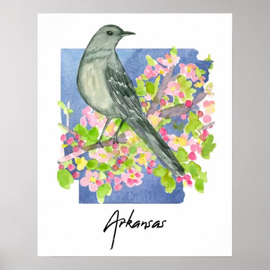 Poster Arkansas État Naturel Moqueur Fleurs de Pommier (Devant)