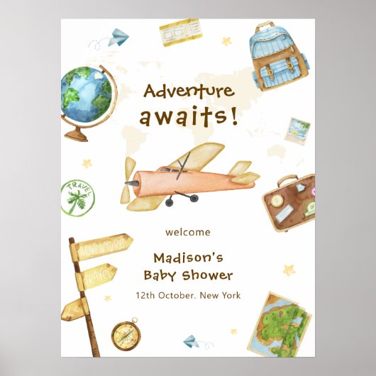 Poster Around The World Airplane Baby Shower Welcome  (Devant)