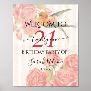 Poster Arrière - plan Avec Grilles Roses, Roses Et Colibr