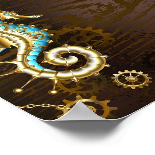 Poster Arrière - plan en bois avec cheval de mer mécaniqu (Coin)