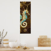 Poster Arrière - plan en bois avec cheval de mer mécaniqu (Cuisine)