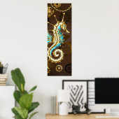 Poster Arrière - plan en bois avec cheval de mer mécaniqu (Bureau à domicile)