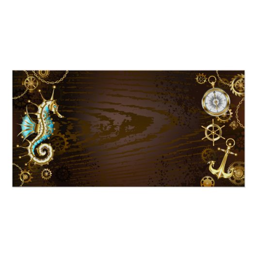 Poster Arrière - plan en bois avec cheval de mer mécaniqu (Devant)