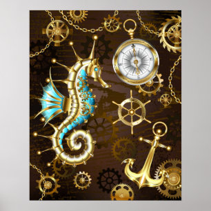 Poster Arrière - plan en bois avec cheval de mer mécaniqu