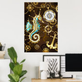 Poster Arrière - plan en bois avec cheval de mer mécaniqu (Bureau à domicile)