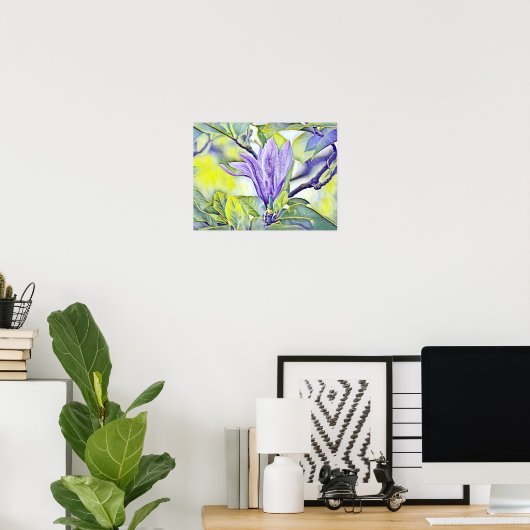 Poster Arrière-plan vert de fleur de magnolia violet (Bureau à domicile)