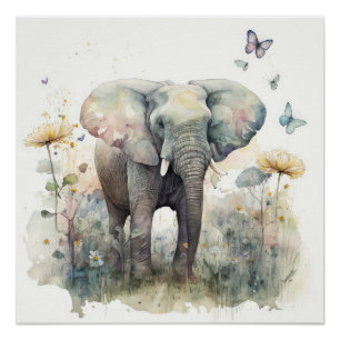 Poster Art à l'aquarelle de l'éléphant