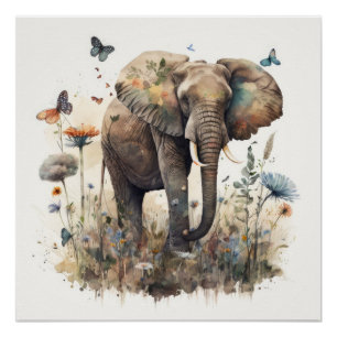 Poster Art à l'aquarelle de l'éléphant