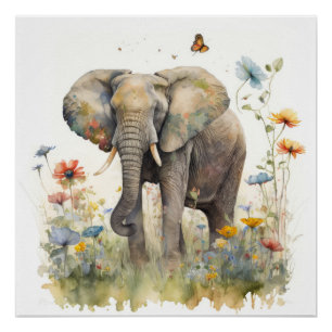 Poster Art à l'aquarelle de l'éléphant