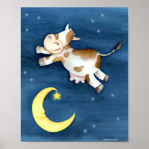 Poster Art à l'aquarelle fantaisiste vache sautant par-de