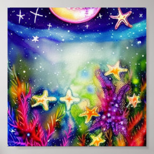 Poster Art à l'encre d'étoiles de mer et à l'eau