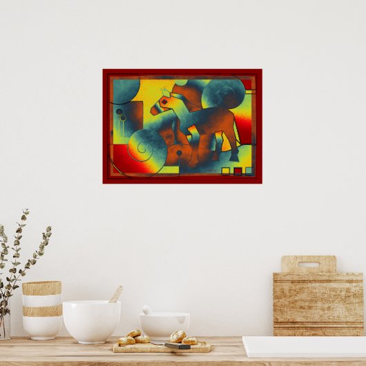 Poster ART Abstrait - A HORSE - bleu rouge jaune (Cuisine)