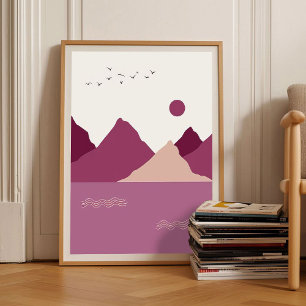Poster Art Abstrait Baies Romantiques Montagnes Coucher d