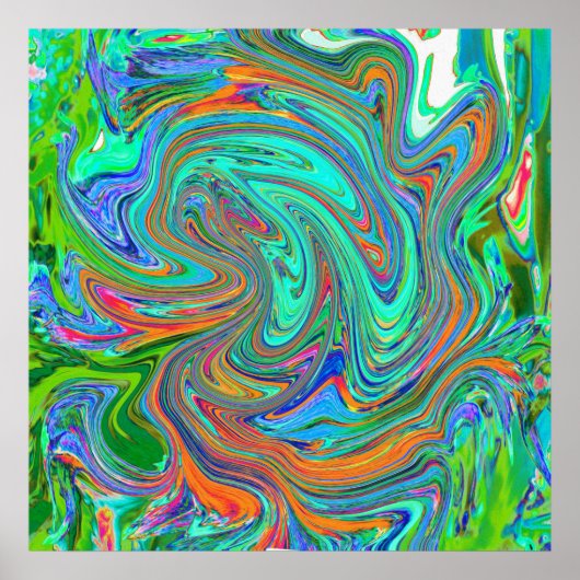 Poster Art abstrait rétro groovy Aqua, Orange et Vert (Devant)