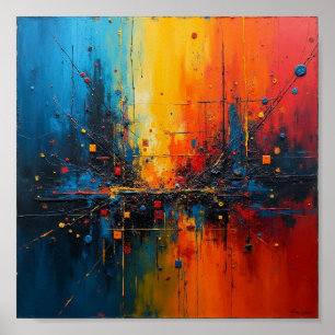 Poster Art abstrait vif avec bleu, orange et jaune