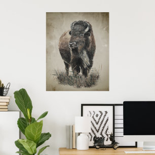 Poster Art animalier bison buffle à l'aquarelle aspect vi