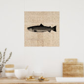 Poster Art antique Pêche truite Poisson Illustration Scri (Cuisine)