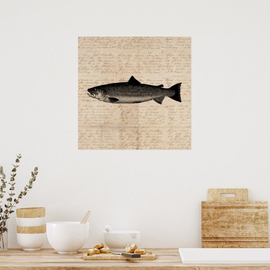 Poster Art antique Pêche truite Poisson Illustration Scri (Cuisine)
