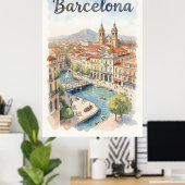 Poster art aquarelle de Barcelone (Bureau à domicile)