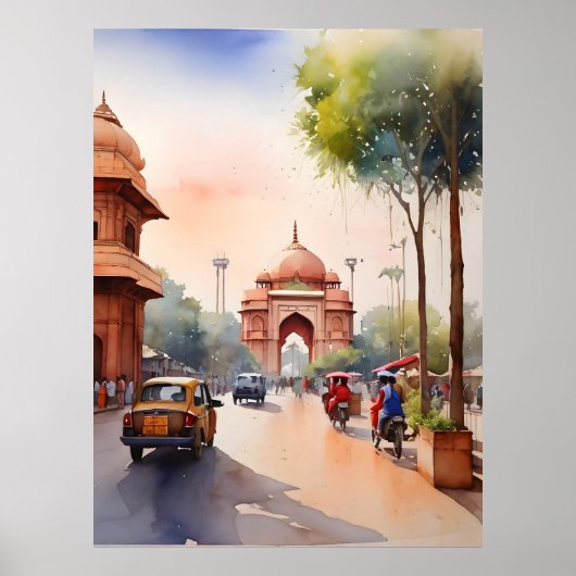 Poster art aquarelle de Delhi (Devant)